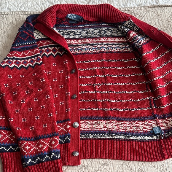 Ralph Lauren Red and Navy Knit Cardigan - Picture 8 of 9